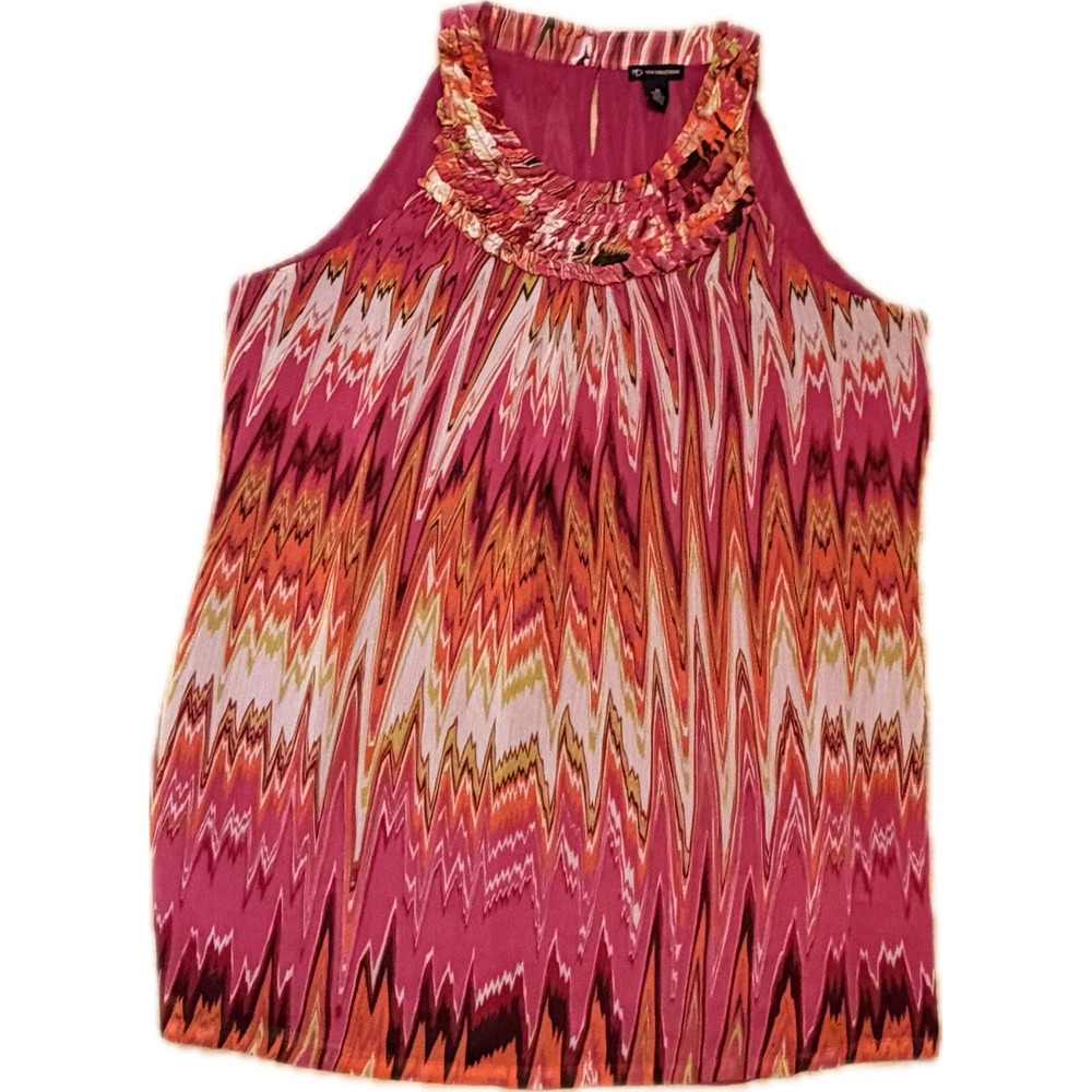 New Directions Womens Pink Orange Chevron Zigzag Ruffle Neck Halter Top Blouse M